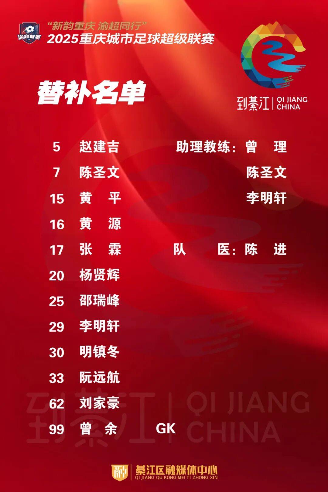 綦江(jiāng)VS涪(fú)陵，首发阵容名单→